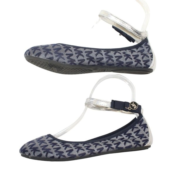 Michael Kors Fairleys Girls Sz 3 Silver Blue Logo Ankle Strap Ballet Flats Shoes - Picture 6 of 12
